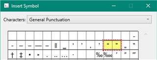 Screenshot of Trados Studio's Insert Symbol dialog box, showing the General Punctuation character map with the opening curly double quotation mark highlighted in red.