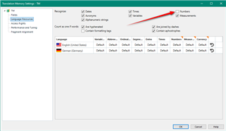 Trados Studio Translation Memory Settings dialog with 'Numbers' option unchecked under Auto-substitution tab.
