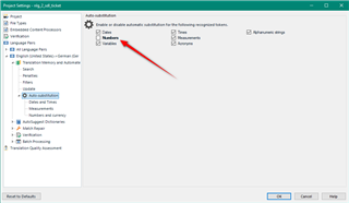 Trados Studio Project Settings dialog showing Auto-substitution settings with 'Numbers' unchecked.