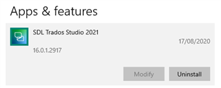 Screenshot showing SDL Trados Studio 2021 in Apps & features with version number 16.0.1.2917 and options to Modify or Uninstall.
