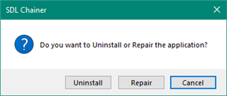 Screenshot of SDL Chainer dialog box asking if the user wants to Uninstall or Repair the application with three options: Uninstall, Repair, Cancel.