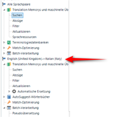 Trados Studio screenshot showing settings menu with an arrow pointing to English (United Kingdom)-Italian language pair.