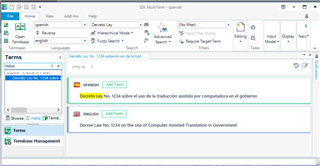 Trados Studio interface showing the 'Termbase Search' tab with a search for 'Decreto Ley' resulting in two entries: one highlighted and one below it.
