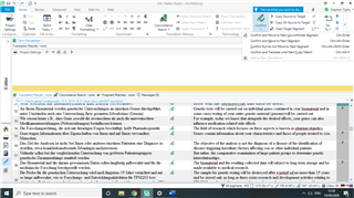 Trados Studio software interface showing a translation project with a warning message about missing translation units.