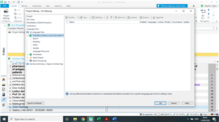 Trados Studio screenshot showing a deactivated 'Add' button for Translation Memories, indicating the inability to add a TM in the starter version.