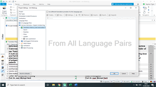 Trados Studio screenshot showing an open dialog box with options for Translation Memories and Automated Translation, with 'From All Language Pairs' highlighted.
