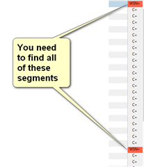 A yellow sticky note pointing to multiple segments labeled 'WSN-' in Trados Studio, indicating the need to find all these segments.