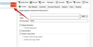 Trados Studio Advanced Display Filter dialog box with 'WSN' entered in the text field, showing how to filter segments containing specific text.