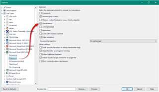 Trados Studio Options menu with 'Translate numbers, dates, details' unchecked, suggesting to disable this option when translating Excel Workbooks with formulas.