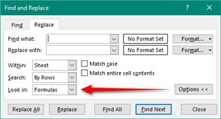 Excel's Find and Replace dialog box with options to find and replace text within a sheet, specifically in formulas, as indicated by a red arrow pointing to the 'Look in: Formulas' option.