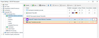 Trados Studio Project Settings window showing installed machine translation providers with SDL Machine Translation highlighted in red.