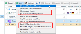 Dropdown menu in Trados Studio with options for adding translation memories and machine translation providers, with 'SDL Machine Translation' option highlighted.