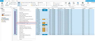 Trados Studio batch tasks menu with 'Pre-translate Files' option selected and 'Apply automated translation' setting highlighted.