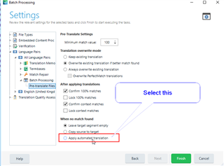 Settings window in Trados Studio with 'Apply automated translation' option selected and a note to 'Select this' for automated translation.