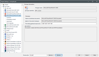 Trados Studio file type settings window showing 'File type: Microsoft PowerPoint (ppt - pptx)' with an error message 'File type identifier results: Unknown'.