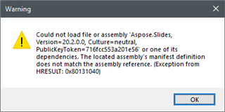 Error message window in Trados Studio with a warning icon stating 'Could not load file or assembly 'Aspose.Slides, Version=20.2.0.0, Culture=neutral, PublicKeyToken=716fcc553a201e56' or one of its dependencies. The located assembly's manifest definition does not match the assembly reference. (Exception from HRESULT: 0x80131040)' and an OK button.