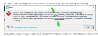 Error message in Trados Studio stating 'Failed to load project from path' with a file path containing an invalid character '_dot_'.