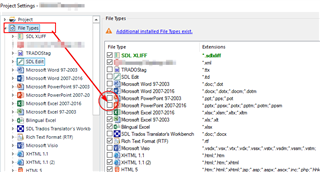 Screenshot of Trados Studio showing Project Settings with a list of file types including SDLXLIFF, Microsoft Word, and Excel. A red circle highlights the file type list.