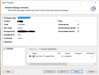 Screenshot of Trados Studio's 'Open Package' wizard showing package contents with 'Finish' button highlighted, no visible errors.
