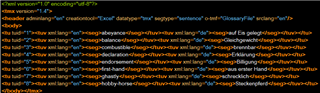 Text file showing TMX formatted content with translation unit tags and segments for English and German language pairs.