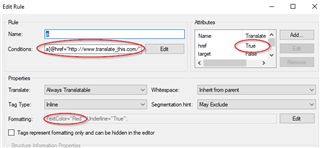 Screenshot of Trados Studio's 'Edit Rule' dialog box with a condition set to translate an href attribute and a red ellipse highlighting the condition.