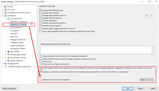 Trados Studio project settings window with 'Segments to Exclude' section highlighted, showing various checked options like 'Exclude locked segments' and 'Exclude 100% matches'.