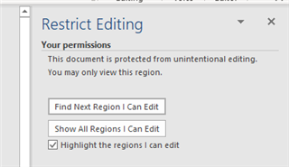 Screenshot of Word's 'Restrict Editing' sidebar showing a message that the document is protected from unintentional editing with options to find or show editable regions.