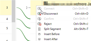 Trados Studio screenshot displaying a dropdown menu with options including 'Connect', 'Disconnect', 'Confirm', 'Reject', 'Split Segment', 'Insert Before', and 'Insert After'. The 'Disconnect' option is highlighted.