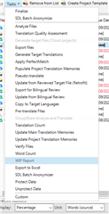 Trados Studio screenshot showing the 'Batch Tasks' menu with 'WIP Report' highlighted indicating the option to run a Work In Progress report.