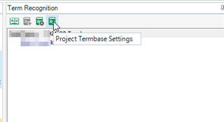 Trados Studio editor showing Term Recognition pane with a dropdown menu open for Project Termbase Settings.
