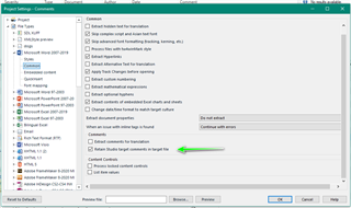 Trados Studio project settings window showing file type settings for Microsoft Word 2007-2019 with the option 'Export comments to target file' checked.