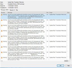 Screenshot of Trados Studio showing multiple warning messages in the Update Main Translation Memories task, indicating issues with updating the translation memory for language pair 'Italian to English'.
