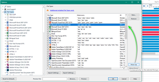 Trados Studio Options dialog showing File Types list with Microsoft PowerPoint 97-2003 and other versions listed, with a green arrow pointing to the 'Embedded Excel Charts and Sheets' option.