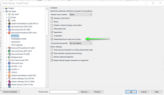 Close-up of Trados Studio Options dialog for Microsoft PowerPoint file type settings with 'Embedded Excel Charts and Sheets' option checked, indicated by a green arrow.