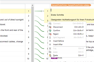 Trados Studio alignment window with source segment numbers on the left and target segments on the right. Context menu open with options like Connect, Disconnect, and Confirm.