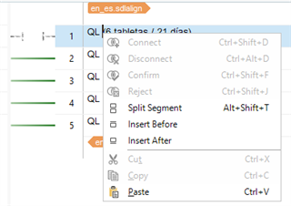 Screenshot of Trados Studio alignment module showing a right-click menu with options such as Connect, Disconnect, Confirm, Reject, Split Segment, Insert Before, Insert After, Cut, Copy, and Paste.