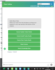 Screenshot of an online chat box in Trados Studio with options to 'Cannot Update Trados Studio', 'Cannot Start Trados Studio', and 'Reset License', with a search knowledge base option below.