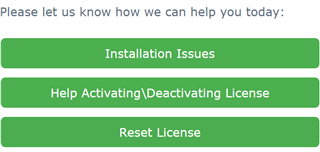 Screenshot of Trados Studio support options with three buttons: 'Installation Issues', 'Help ActivatingDeactivating License', and 'Reset License'.