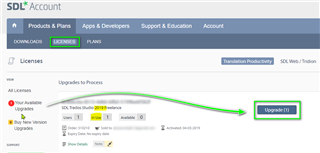 SDL Account webpage showing available upgrades with an arrow pointing to the 'Upgrade' button for Trados Studio 2021.