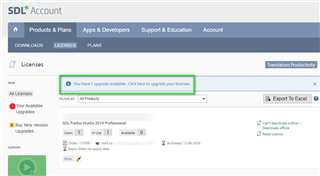 Screenshot of SDL Account Licenses page with a notification stating 'You have 1 upgrade available. Click here to upgrade your licenses.' Highlighted is Trados Studio 2019 Professional with an option to apply the upgrade.