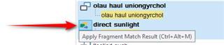 Trados Studio screenshot showing the 'Apply Fragment Match Result' option with a keyboard shortcut Ctrl+Alt+M highlighted by a red arrow.