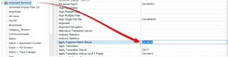 Screenshot of Trados Studio keyboard shortcuts settings with 'Apply Fragment Match Result' option selected and its shortcut Ctrl+Alt+M displayed.