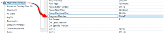 Trados Studio keyboard shortcuts settings highlighting the 'Fragment Matches' option without a set shortcut.