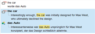 Trados Studio interface showing a translation segment with the source text 'the car' and its corresponding translation in German.