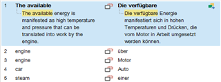 Trados Studio screenshot displaying numbered fragment matches for translation, with terms like 'the available', 'engine', and 'car'.
