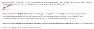 Screenshot of a Trados Studio error message indicating a crash when a file with special characters is loaded. Error stack visible with mention of 'System.ArgumentException' and 'Sdl.FileTypeSupport.Framework'. Request for help from Claude.