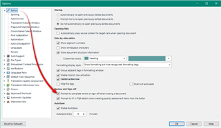 Trados Studio options menu with a red arrow pointing to 'AutoSave' settings, showing options for save intervals and actions upon closing documents.