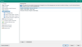 Trados Studio options window showing Language Pairs settings with no restrictions on selecting languages.