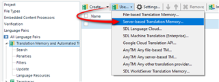Trados Studio Project Settings showing an unclickable option for Server-based Translation Memory under the Use menu.
