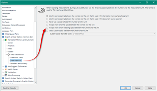 Screenshot of Trados Studio options menu with a focus on 'Placeables' settings, showing various options for recognizing source text elements.